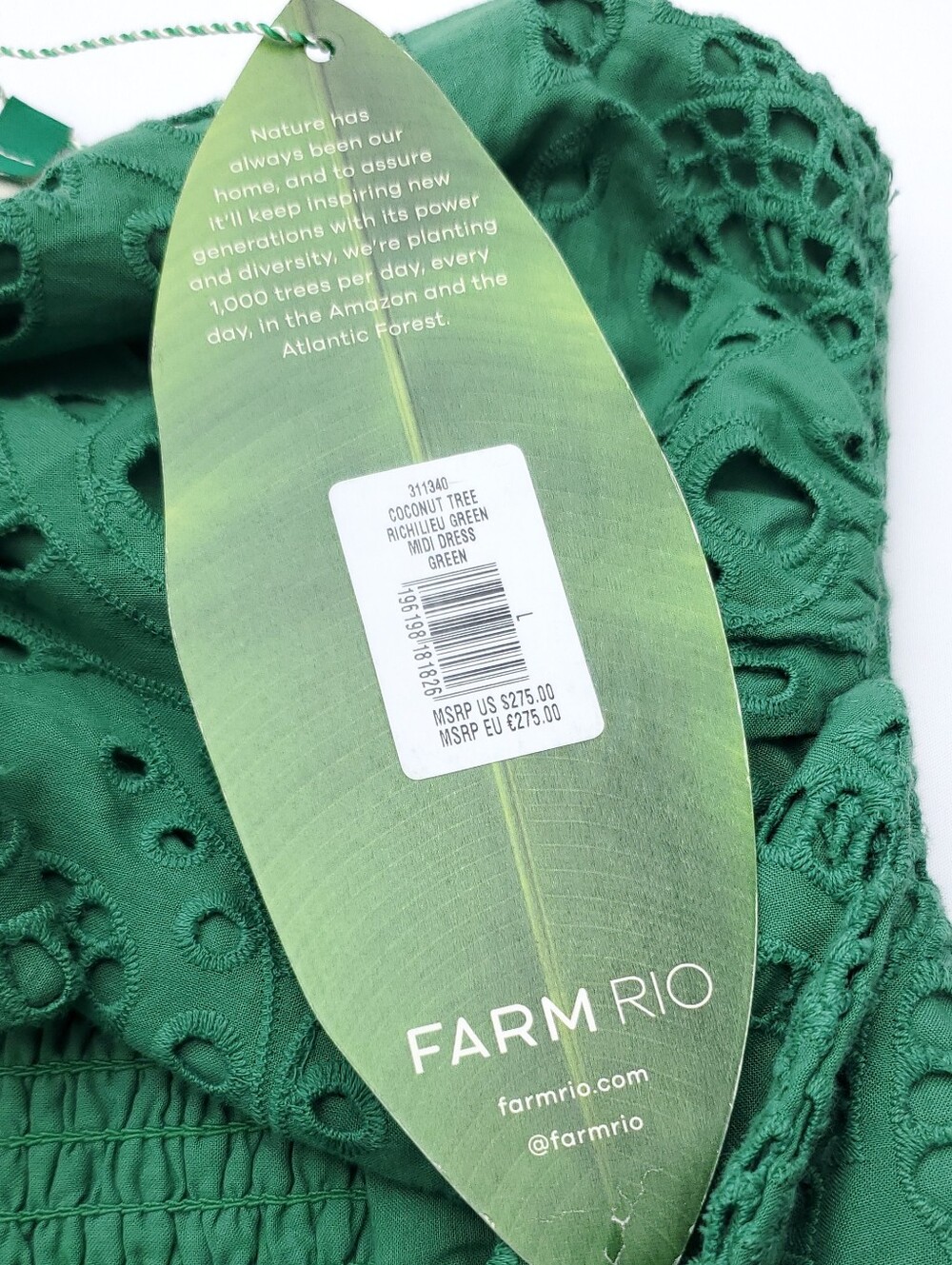 NEW FARM RIO Green Coconut Tree Richelieu Midi Dress Cotton Summer Resortwear L - Picture 13 of 15